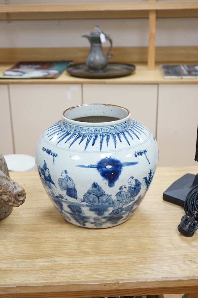 A large Chinese blue and white jar, 32cm high. Condition - some glazing faults